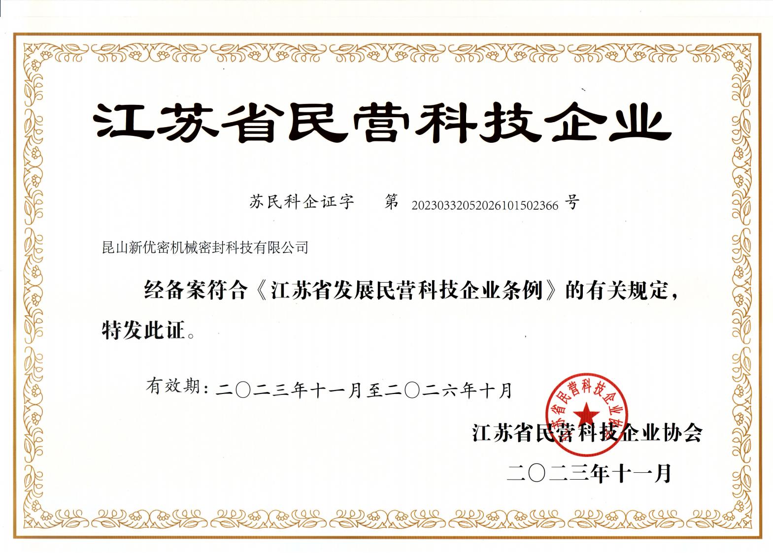 江苏省民营科技企业证书
